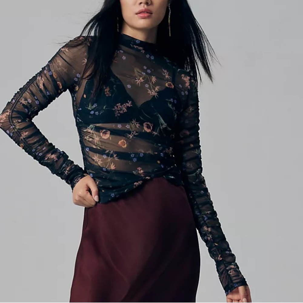 🖤 Maeve by Anthropologie Floral Sheer Mesh Long Sleeve Top | Size L - Picture 5 of 10